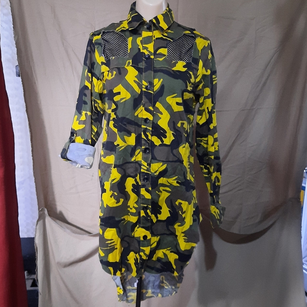 Women's distressed Yellow Camo Kroix high-low tunic dress sz M